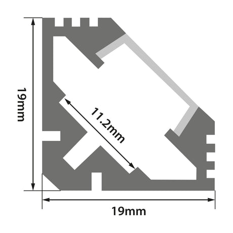 Technical cross-section diagram of the LYYT 45° Angle Surface Mount LED Corner Profile showing 19x19mm external dimensions and 11.2mm internal diffuser channel.