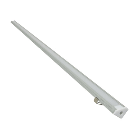 LYYT 1m 45° surface mount LED corner profile in clear aluminium with polycarbonate diffuser and end cap, shown diagonally on a white background.