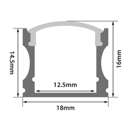 Technical dimension diagram of the LYYT Tall Crown Surface Mount LED Profile showing 18mm width, 16mm height and 12.5mm internal channel.