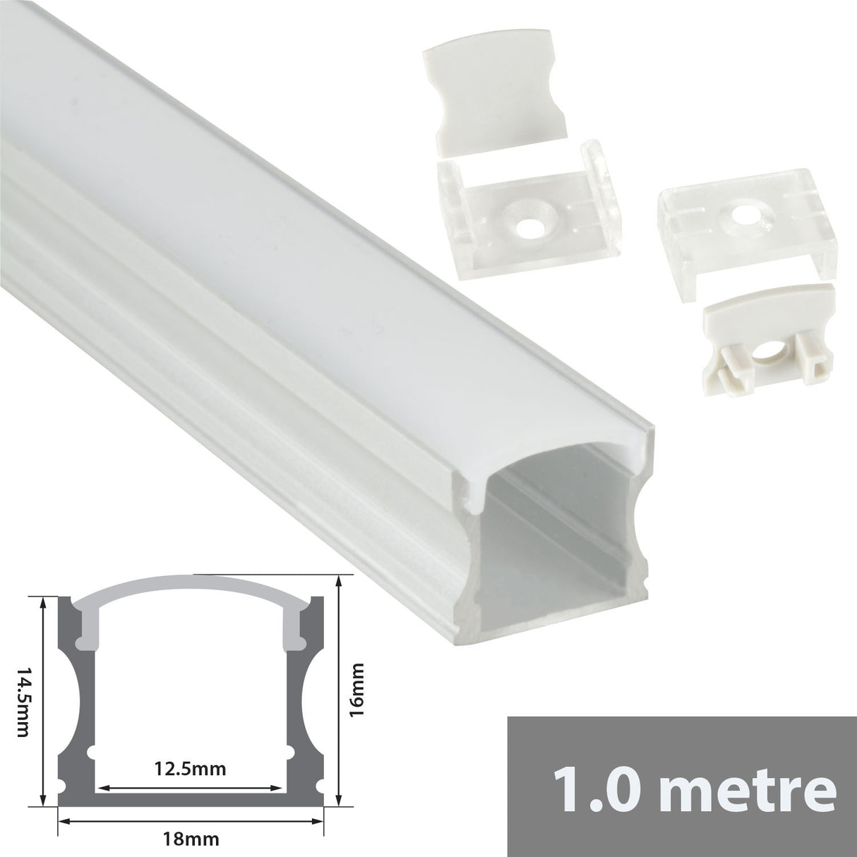 LYYT Tall Crown 1m surface mount LED profile by AVSL, aluminium extrusion with crowned snap-fit diffuser, mounting clips and end caps, with dimension diagram.