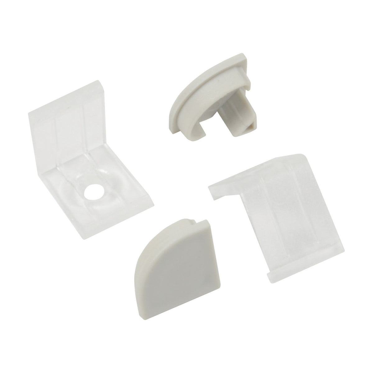 LYYT 90° arc LED corner profile end caps and mounting bracket in white plastic, shown on a plain background.