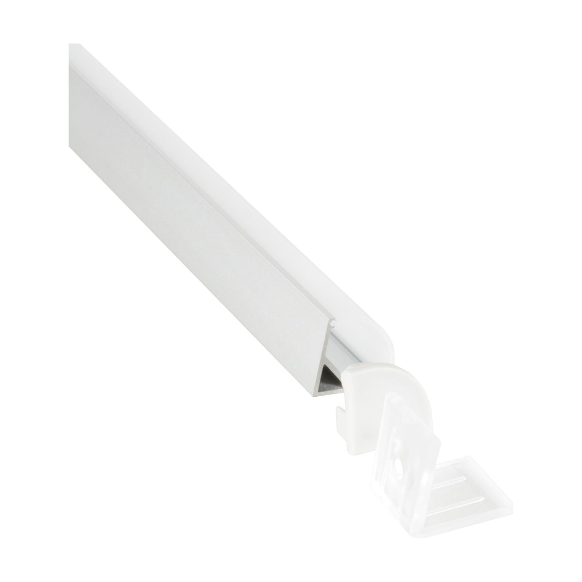 LYYT 90° arc surface mount LED corner profile in anodised aluminium with translucent diffuser and white end cap bracket, shown on a plain white background.