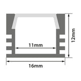 Technical cross-section diagram of the LYYT Deep Section Surface Mount LED Profile showing 16x12mm aluminium extrusion with 11mm diffuser cavity.
