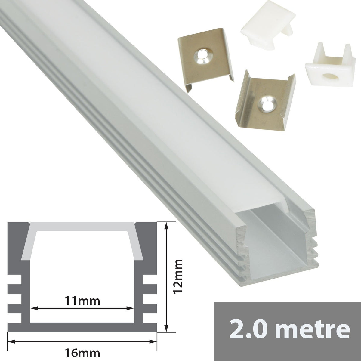 LYYT 2m deep surface mount LED aluminium profile in silver with opal diffuser, metal clips, white end caps, and 16x12mm cross-section diagram.