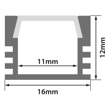 Diagram of a cross-section of the LYYT Deep Section Surface Mount LED Profile - 2m, featuring a 16mm wide base, 11mm wide upper interior, 12mm height, and grooved sides for surface mounting LED strips.