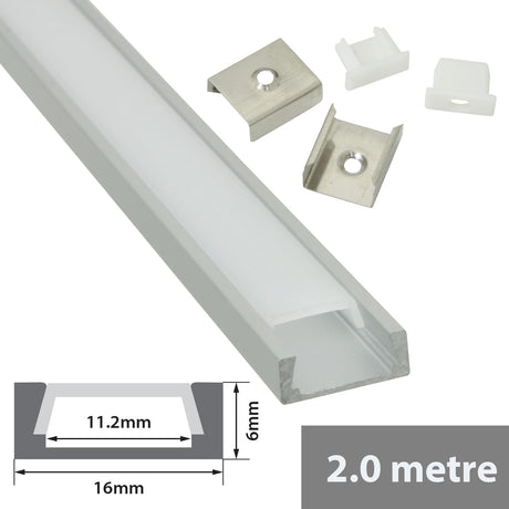 LYYT 2m shallow surface mount LED profile in natural aluminium with frosted diffuser, metal mounting clips and white end caps, shown on a white background.