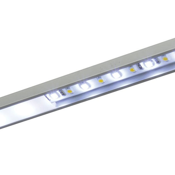 LYYT 2m shallow section surface mount LED profile by AVSL, aluminium extrusion with illuminated frosted diffuser showing lit LED tape inside.