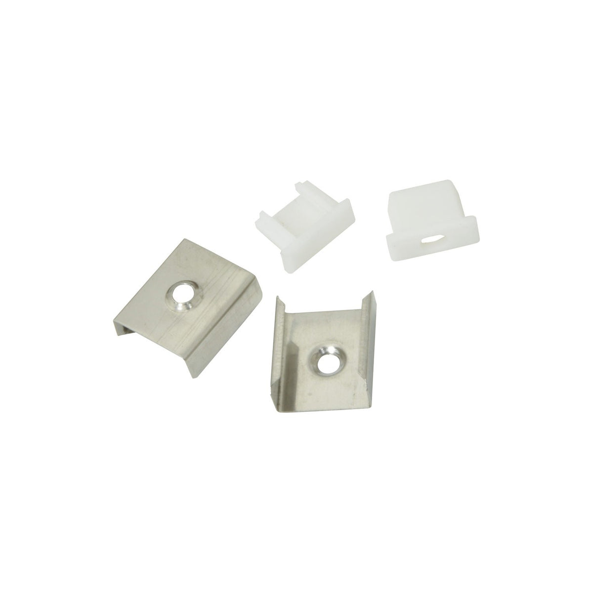 LYYT shallow section surface mount LED profile mounting accessories, showing two silver aluminium clips and two white polycarbonate end caps on white.