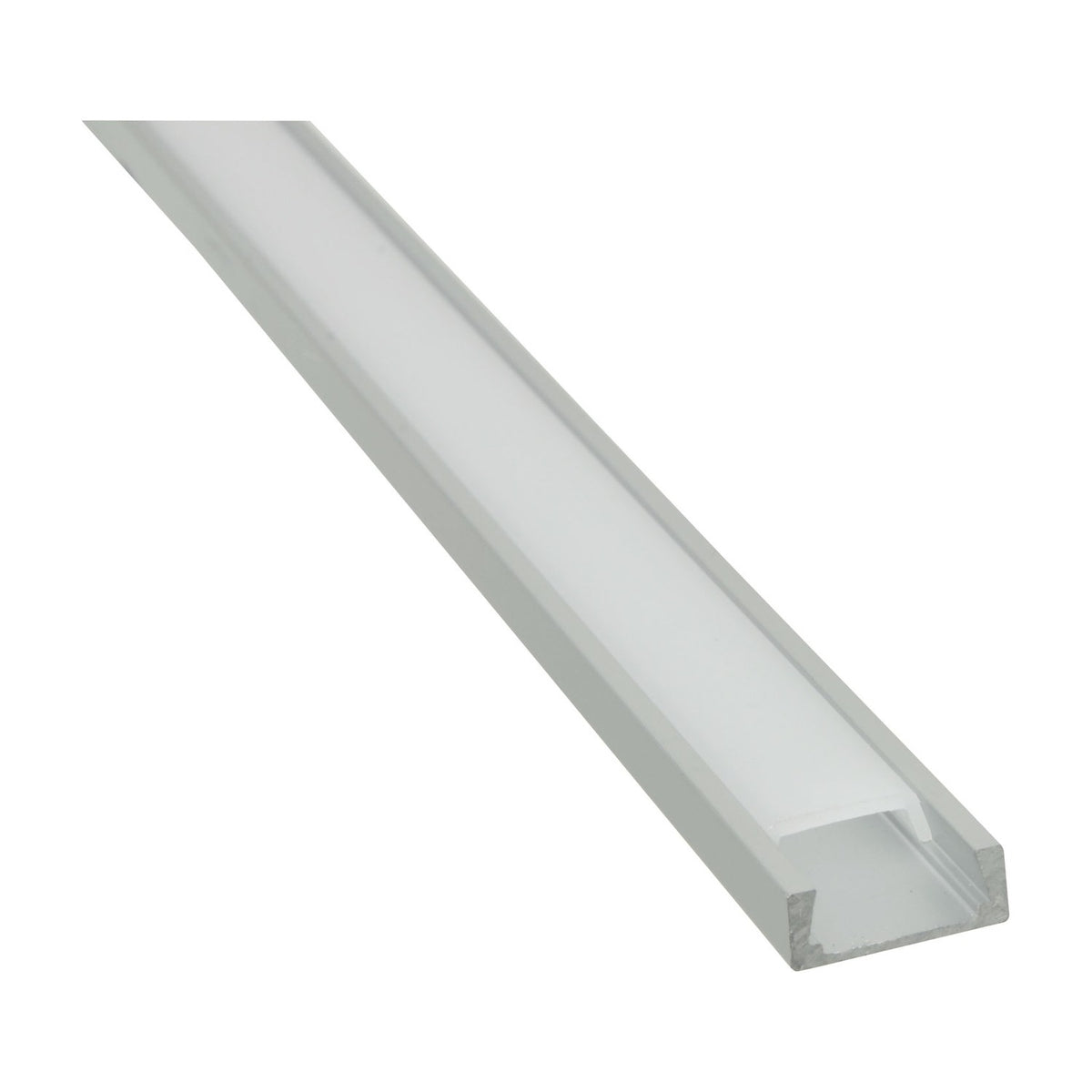 LYYT shallow section 2m aluminium LED profile by AVSL with frosted polycarbonate snap-fit diffuser, shown diagonally on a plain white background.