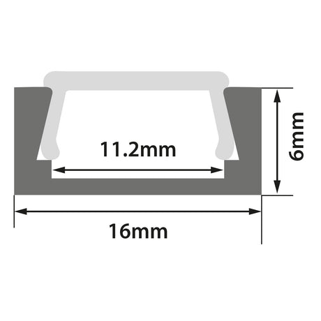 Diagram of a cross-section showing the LYYT Shallow Section Surface Mount LED Profile - 2m, with an opening width of 11.2mm, total width of 16mm, and height of 6mm. Dimensions are clearly labeled for easy surface mounting reference.