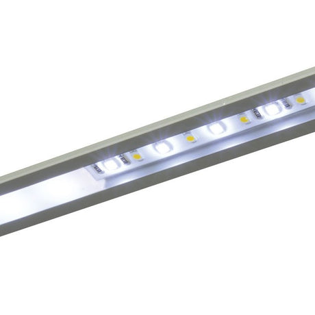 LYYT 2m recessed aluminium LED strip profile by AVSL shown illuminated, with a silver channel and lit diffuser revealing individual white LEDs.