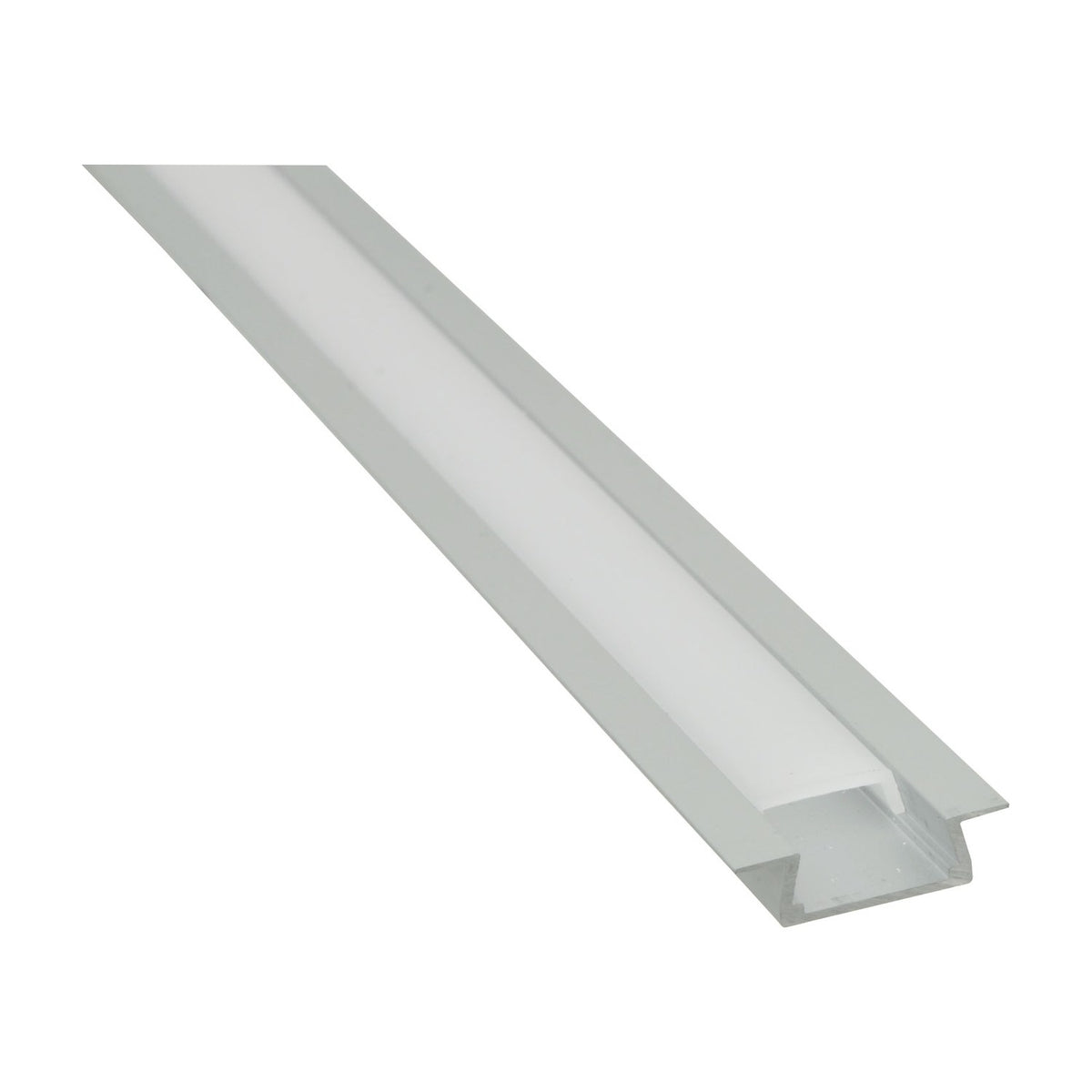 LYYT 2m recessed LED strip profile in silver aluminium with 11mm snap-fit white diffuser and side flanges, shown diagonally on a white background.
