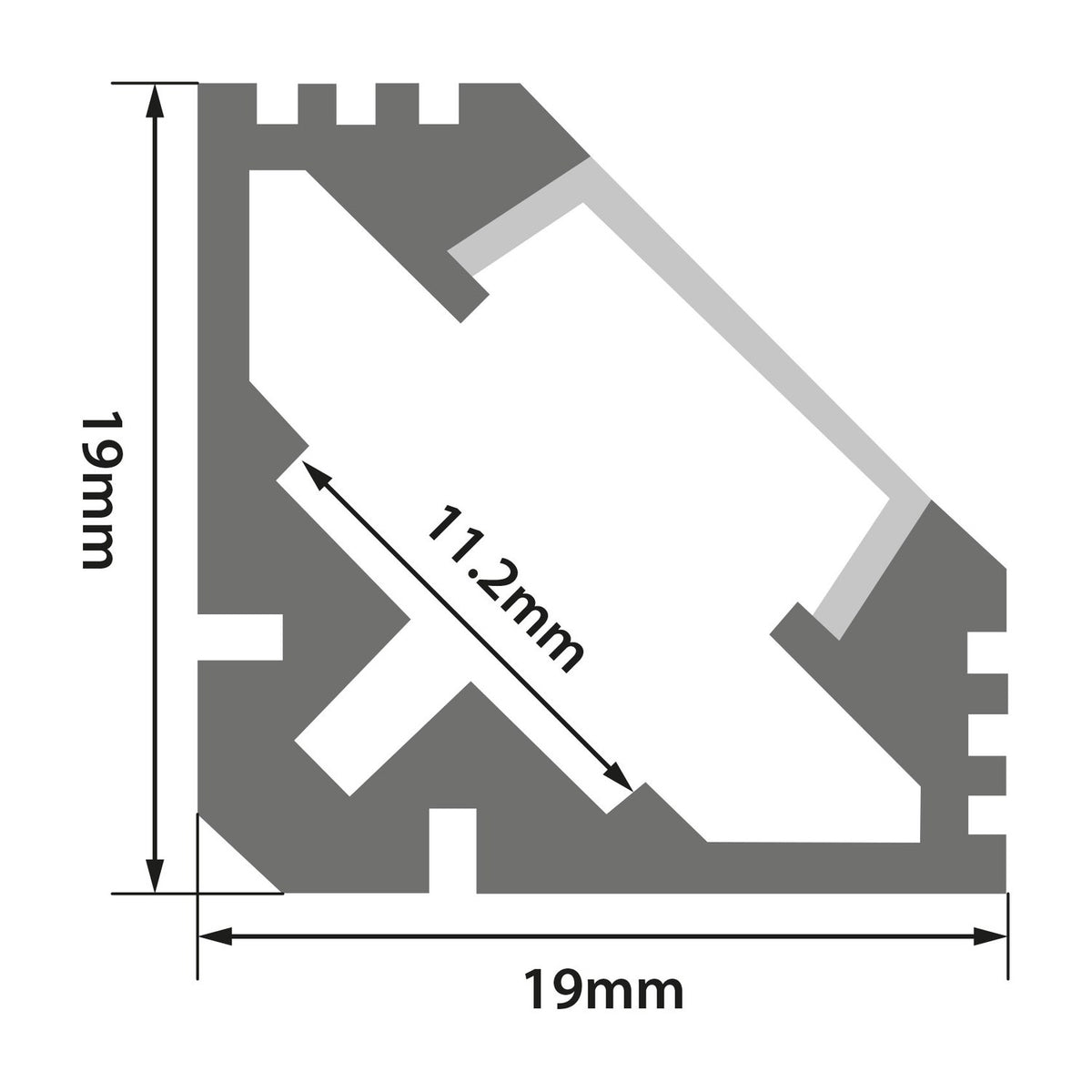 Technical cross-section diagram of the LYYT 45° Angle Surface Mount LED Corner Profile showing 19 x 19mm external dimensions and 11.2mm diffuser channel.
