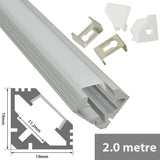 LYYT 45° angle surface mount LED corner profile in clear aluminium with end caps and mounting clips, showing 19mm triangular cross-section diagram, 2m length.
