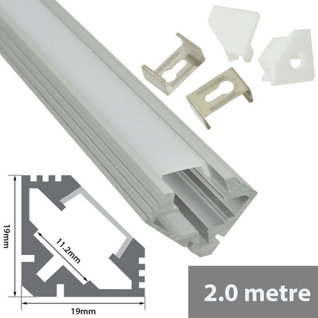 LYYT 45° angle surface mount LED corner profile in clear aluminium with end caps and mounting clips, showing 19mm triangular cross-section diagram, 2m length.