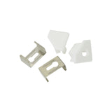 LYYT 45° LED corner profile end caps and mounting clips, with two white plastic end pieces and two metal bracket clips on a plain white background.