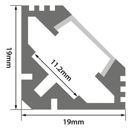 Diagram of the LYYT 45° Angle Surface Mount LED Corner Profile 2m - Clear, showing dimensions: width 19mm, height 19mm, and internal diagonal 11.2mm, with arrows marking measurements; ideal for LED illumination or under-cabinet lighting.