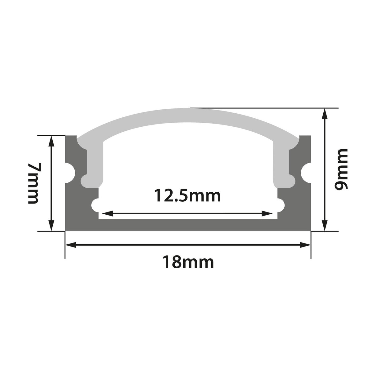 Technical dimension diagram of the LYYT Short Crown 2m surface mount LED profile showing 18mm width, 9mm height, and 12.5mm internal channel.