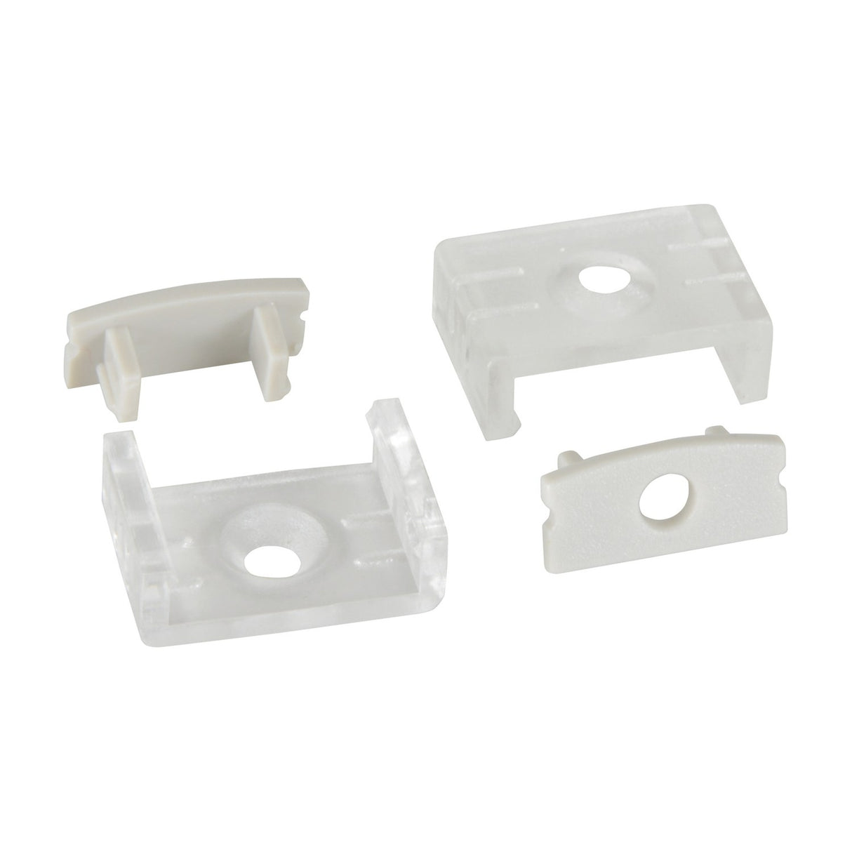 LYYT Short Crown surface mount LED profile accessories by AVSL, showing frosted end caps and clear mounting brackets with screw holes on a white background.