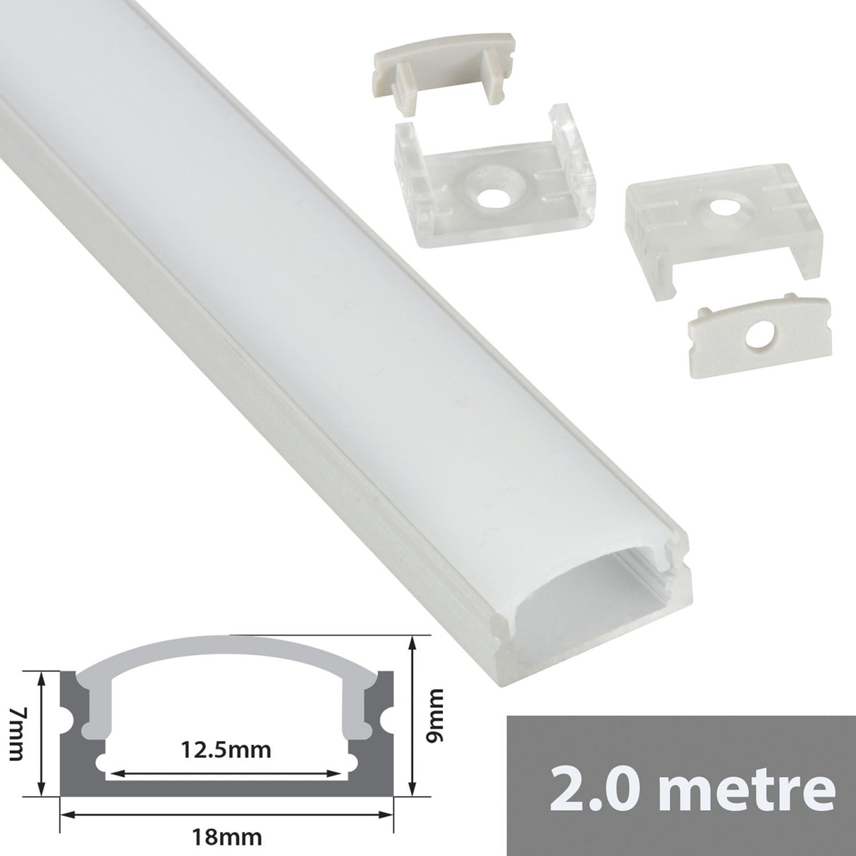 LYYT Short Crown 2m surface mount LED profile with frosted diffuser, clips, end caps, and 18mm x 9mm dimension diagram.