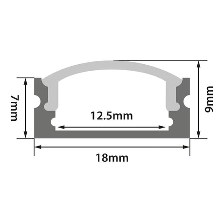 Cross-sectional diagram of the LYYT Short Crown Surface Mount LED Profile 2m - Frosted, with a curved top showing width 18mm, internal width 12.5mm, side height 9mm, and total height 7mm. Arrows indicate measured dimensions.