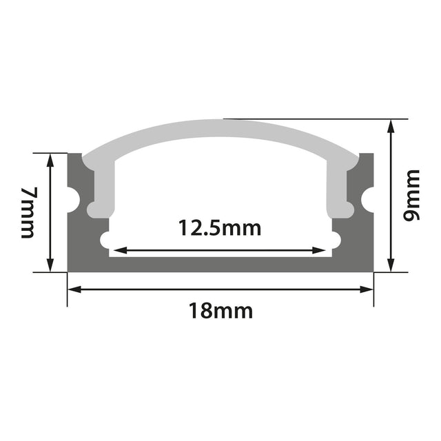 Cross-sectional diagram of the LYYT Short Crown Surface Mount LED Profile 2m - Frosted, with a curved top showing width 18mm, internal width 12.5mm, side height 9mm, and total height 7mm. Arrows indicate measured dimensions.