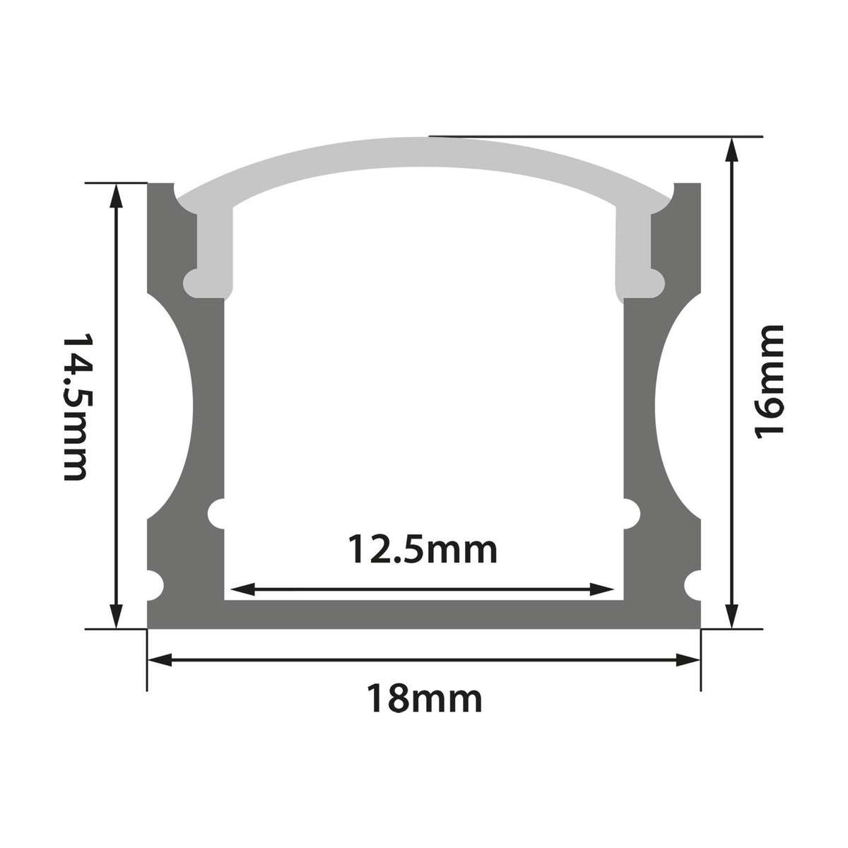 Technical cross-section diagram of the LYYT Tall Crown 2m surface mount LED profile showing 18mm width, 16mm height, and 12.5mm internal channel.