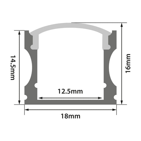 Technical cross-section diagram of the LYYT Tall Crown 2m surface mount LED profile showing 18mm width, 16mm height, and 12.5mm internal channel.