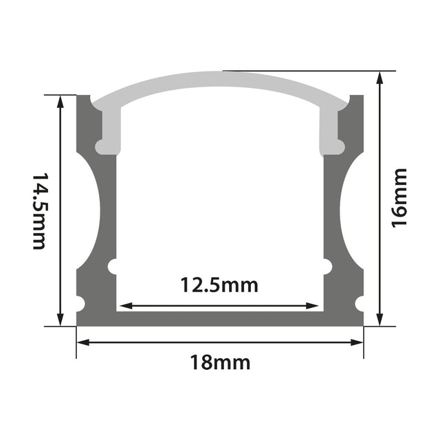 Technical cross-section diagram of the LYYT Tall Crown 2m surface mount LED profile showing 18mm width, 16mm height, and 12.5mm internal channel.