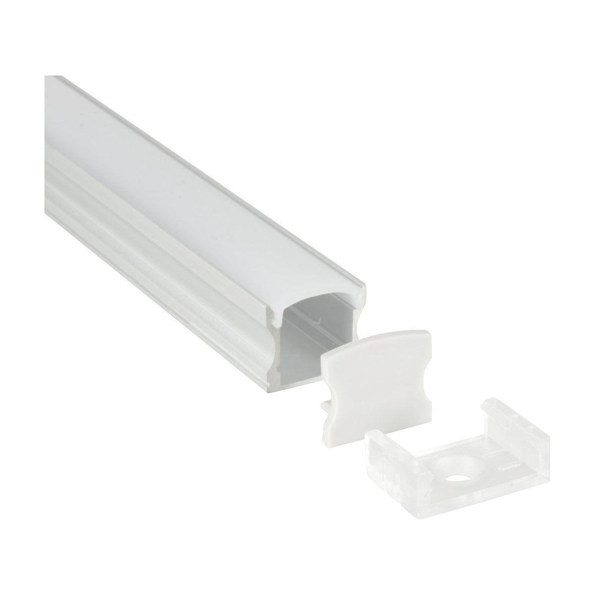 LYYT Tall Crown 2m surface-mount aluminium LED profile by AVSL with frosted crowned diffuser, white end cap and clear mounting clip on a white background.