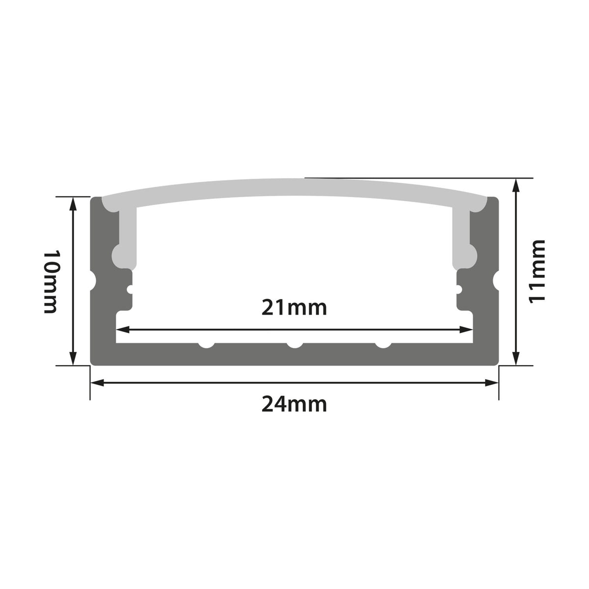 Technical dimension diagram of the LYYT Wide Crown 2m surface mount LED profile showing 24mm width, 11mm height and 21mm frosted diffuser.