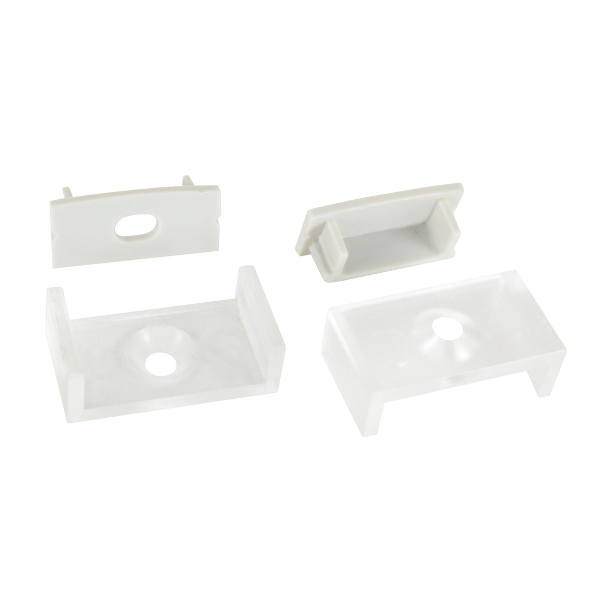 LYYT Wide Crown surface mount LED profile end caps and metal fixing clips in white and frosted finish, shown on a plain background.