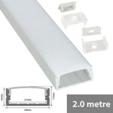 LYYT Wide Crown 2m surface-mount aluminium LED profile with frosted diffuser, end caps and metal fixing clips, shown with dimension diagram.