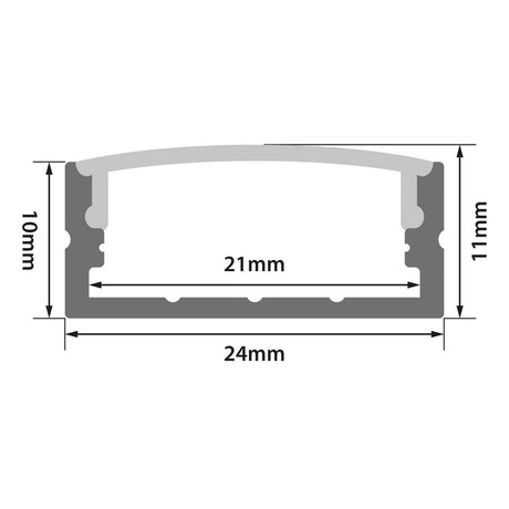 Cross-section diagram of the LYYT Wide Crown Surface Mount LED Profile 2m - Frosted, showing dimensions: 24mm width, 21mm internal width, height of 10mm on one side and 11mm on the other; measurements shown with arrows.