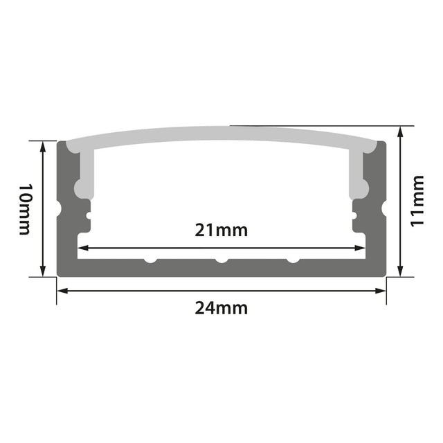 Cross-section diagram of the LYYT Wide Crown Surface Mount LED Profile 2m - Frosted, showing dimensions: 24mm width, 21mm internal width, height of 10mm on one side and 11mm on the other; measurements shown with arrows.