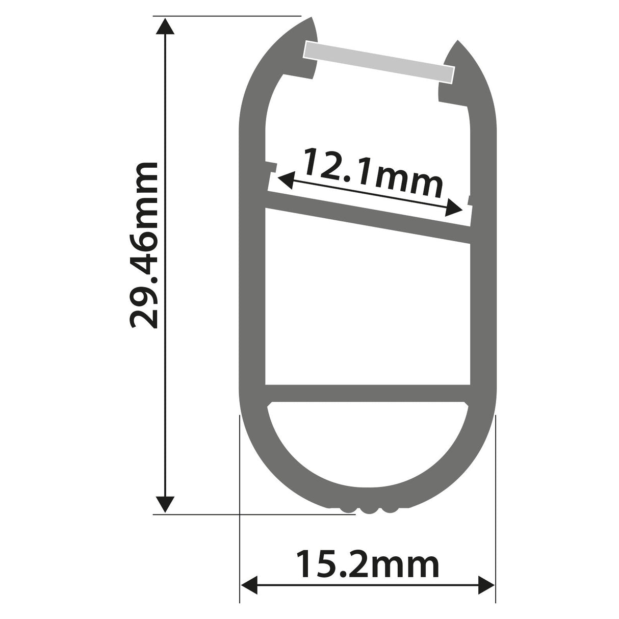 A diagram shows the LYYT Surface Mount LED Profile 1m - Black with an oval-shaped cross-section (29.46mm tall, 15.2mm wide, 12.1mm inner width), ideal for wardrobe lighting and housing LED tape in closets.