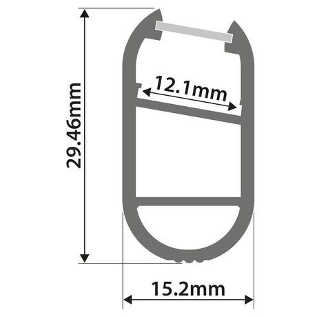 A diagram shows the LYYT Surface Mount LED Profile 1m - Black with an oval-shaped cross-section (29.46mm tall, 15.2mm wide, 12.1mm inner width), ideal for wardrobe lighting and housing LED tape in closets.