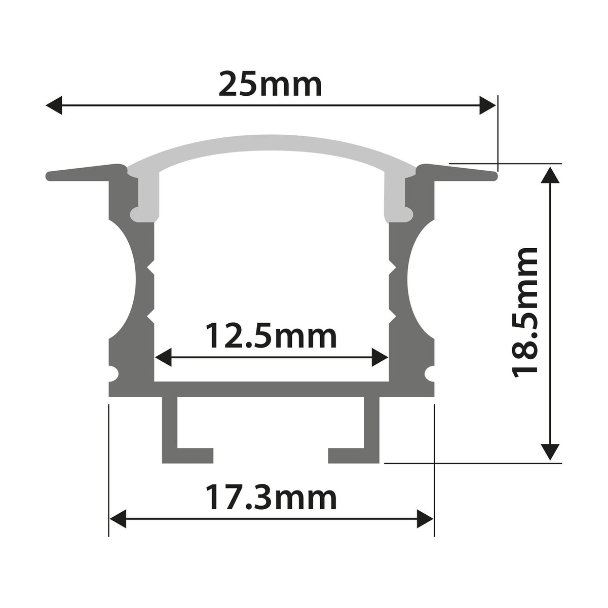 Cross-section diagram of the LYYT recessed T-style aluminium LED strip profile with 25mm width, 18.5mm height, 12.5mm channel and 17.3mm base.