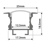 Cross-section diagram of the LYYT recessed T-style aluminium LED strip profile with 25mm width, 18.5mm height, 12.5mm channel and 17.3mm base.