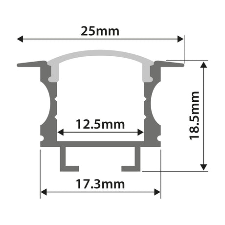 Cross-section diagram of the LYYT recessed T-style aluminium LED strip profile with 25mm width, 18.5mm height, 12.5mm channel and 17.3mm base.
