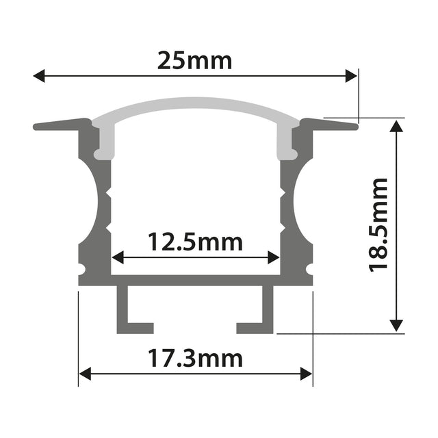 Cross-section diagram of the LYYT recessed T-style aluminium LED strip profile with 25mm width, 18.5mm height, 12.5mm channel and 17.3mm base.