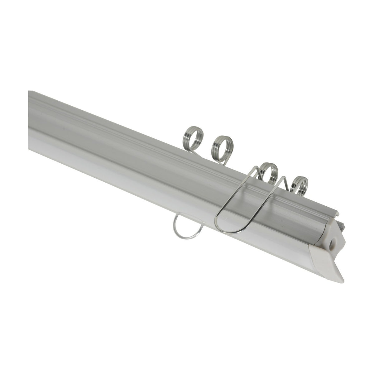 LYYT 1m recessed T-style LED strip profile in extruded aluminium with spring clips and white diffuser edge, shown on a plain background.