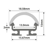 Technical diagram of the LYYT D Section 2m aluminium LED profile showing 18.58mm width, 15mm height, and 15.67mm base with clip-in diffuser.