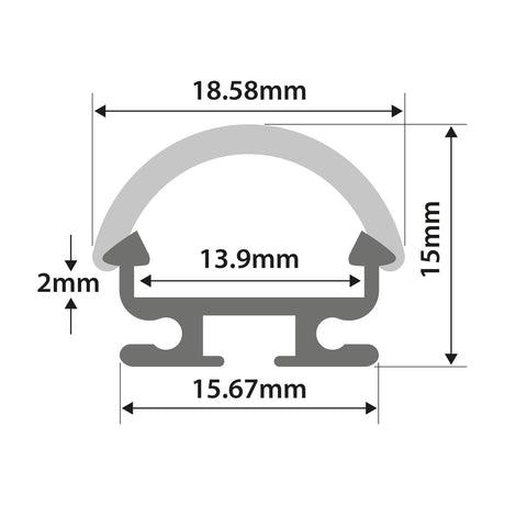 Technical diagram of the LYYT D Section 2m aluminium LED profile showing 18.58mm width, 15mm height, and 15.67mm base with clip-in diffuser.