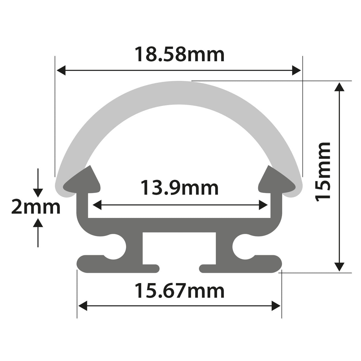 Technical drawing of the LYYT D Section Surface Mount LED Profile - 2m, a curved aluminium profile with labeled dimensions: 18.58mm width, 15mm height, 15.67mm base width, 13.9mm internal width, and 2mm base height—ideal for LED tape diffusing.
