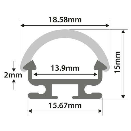 Technical drawing of the LYYT D Section Surface Mount LED Profile - 2m, a curved aluminium profile with labeled dimensions: 18.58mm width, 15mm height, 15.67mm base width, 13.9mm internal width, and 2mm base height—ideal for LED tape diffusing.