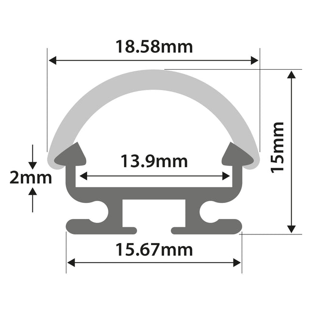 Technical drawing of the LYYT D Section Surface Mount LED Profile - 2m, a curved aluminium profile with labeled dimensions: 18.58mm width, 15mm height, 15.67mm base width, 13.9mm internal width, and 2mm base height—ideal for LED tape diffusing.