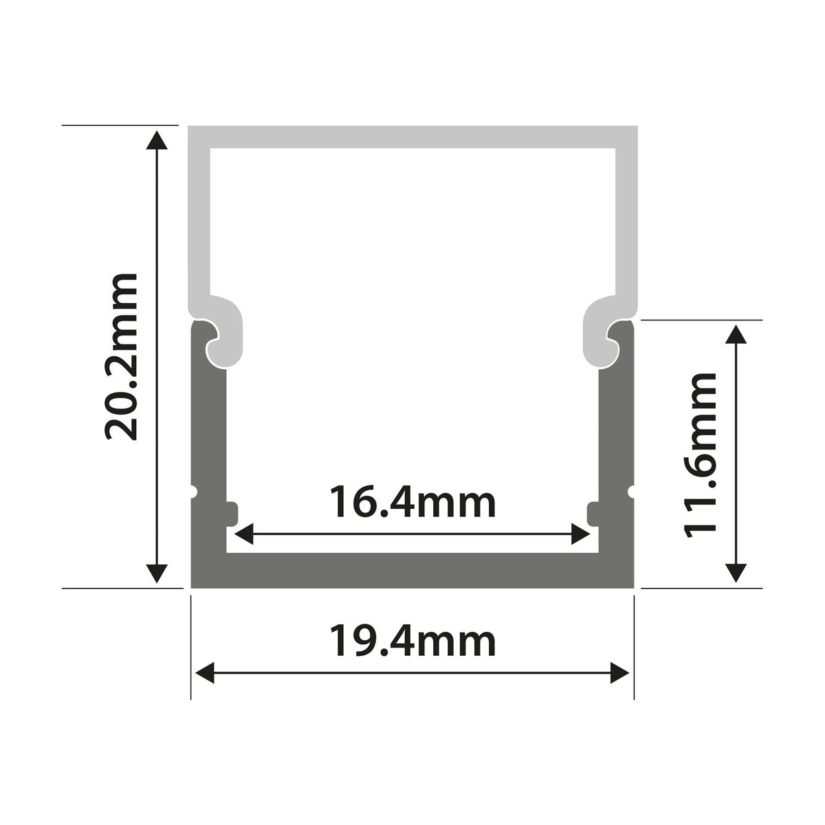 Dimension diagram of LYYT 2m Box Section Surface Mount LED Profile in aluminium: 20.2mm height, 19.4mm width, 16.4mm internal aperture.