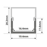 Dimension diagram of LYYT 2m Box Section Surface Mount LED Profile in aluminium: 20.2mm height, 19.4mm width, 16.4mm internal aperture.
