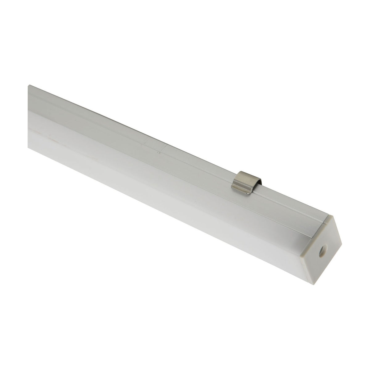 LYYT 2m box section surface mount LED profile in mill-finish aluminium with clip-on opal diffuser, end cap and metal mounting clip, on a white background.